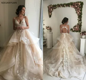 2021 Šampano Elegantiška Linija, Spageti Nėrinių Vestuvių Suknelės, Skirtingų Pynimas Teka Nėrinių Aplikacijos V Kaklo Nuotakos Vestuvių Suknelės