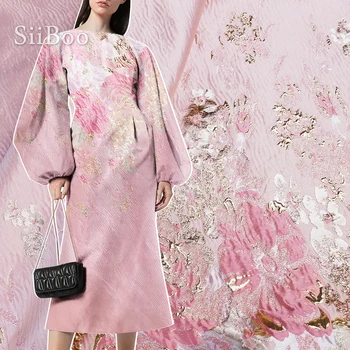 Europos prabangus gėlių pozicinį spausdinti rožinė spalva metallic žakardo brokatas medžiaga moterų suknelė kailis tissu telas SP6021