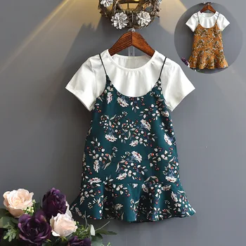 Vasaros 2018 vaikų drabužiai mergina medvilnės trumparankoviai + sodo gėlių suknelė 2vnt Cute girl drabužiai