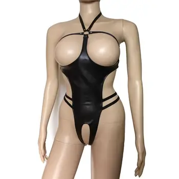 Sexy Moteris Dirbtiniais Odos Atviros Taurės Kūno Pakinktai Teddies Crotchless Bikini Atgal Bodysuit Šeimininke Fetišas Kostiumas