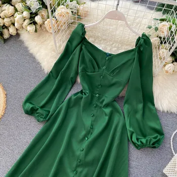 Vintage Žalia/Mėlyna Kelio ilgio Suknelė Atsitiktinis ilgomis Rankovėmis Aukštos Juosmens Single-breasted Suknelė Moterų Rudenį Naujų Mados Vestidos 2020 m.