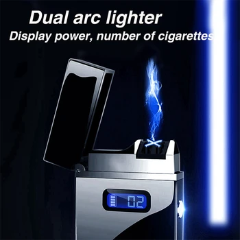 USB Elektroninių Įkrovimo lengvesni Dual Plazmos Lanku Cigarečių Degiklio LED Galios Vėjo Elektrinių Impulsų Fakelas Žiebtuvėliai Dalykėlių Vyrai