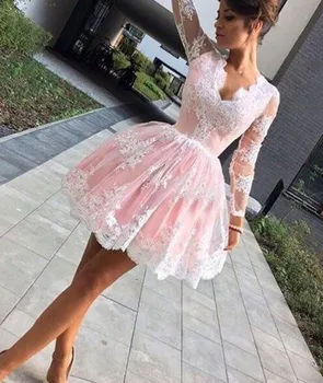Vestido de formatura Šalies Baigimo Suknelės V-Kaklo Iliuzija ilgomis Rankovėmis Prom Dresses Trumpas Rausva Nėrinių Suknelės Homecoming