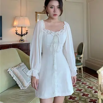 Balta Elegantiška Suknelė Moterims Tvarstis Retro Šalis Mini Suknelė Office Lady prancūzų Dizaineris korėjos Suknelė moteriški drabužiai rudens 2020 m.