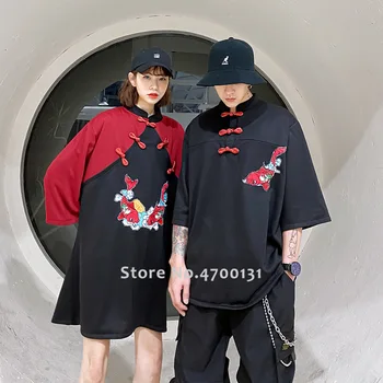 Kinų Stiliaus Vyrų Qipao Viršūnės T-shirt Moterims, Cheongsam Hanfu Šalis Suknelė Porų Tango Kostiumas Japonijos Harajuku Stilius Atsitiktinis Palaidinė