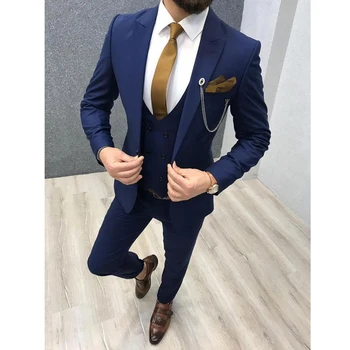 2020 Trijų Dalių Royal Blue Vyrų Kostiumai Pasiekė Atvartas Užsakymą Pagaminti Vestuvių Tuxedos Slim Fit Vyrų Kostiumai (Švarkas + Kelnės + Liemenė+Kaklaraištis)