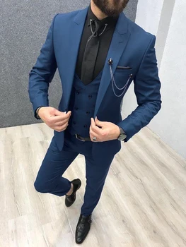 2020 Trijų Dalių Royal Blue Vyrų Kostiumai Pasiekė Atvartas Užsakymą Pagaminti Vestuvių Tuxedos Slim Fit Vyrų Kostiumai (Švarkas + Kelnės + Liemenė+Kaklaraištis)