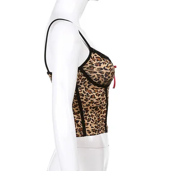 Darlingaga Vintage V Kaklo Leopardas Spausdinti Y2K Estetinės Pasėlių Viršuje Moterų Mados Dirželis Nėrinių Apdaila Cami Viršuje Lankas 90s Clubwear Seksualus Viršūnės