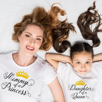1pcs Motina Princesė Duktė Karalienė Mama & Me T-Shirts Mama ir Dukra Trumpas Rankovės Marškinėliai Šeimos Atitikimo Marškinėliai