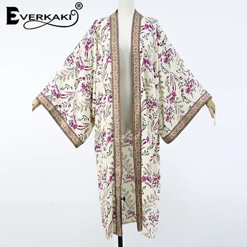 Everkaki Čigonų Kimonos Paltai Boho Gėlių Spausdinti Varčias Ponios Derliaus Purus Kailis Ilgas Kimono Moterų Atsitiktinis 2021 M. Pavasario, Vasaros, Nauja