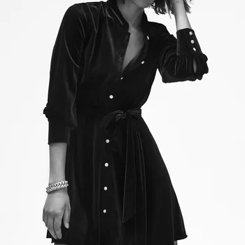 Derliaus Stilingas Juodo Aksomo Mini Suknelė Moterims 2020 Mados Mygtuką Ilgomis Rankovėmis Peteliškę Varčias, Suknelės, Laisvalaikio Vestidos Mujer