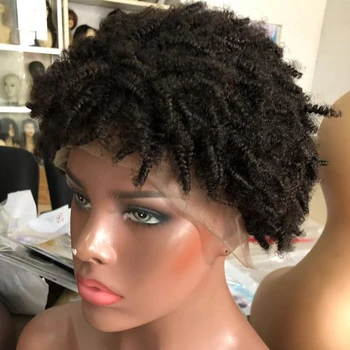Afrikos Garbanotas Nėriniai Priekiniai Žmogaus Plaukų Perukai Natūraliai Atrodančius 150% Tankis 8 Colių Brazilijos Remy Human Hair Trumpas Nėrinių Perukai