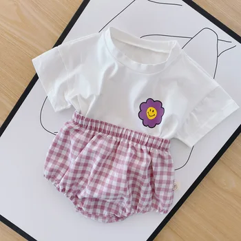 Bamblys Vaikams Baby Girl Kūdikių Drabužiai marškinėliai Topai Gėlių Spausdinti Kelnes pledas Medvilnės Atsitiktinis Komplektus vasaros 2vnt Nustatyti Kūdikio 0-3Y