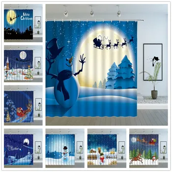 Kalėdų Dušo Užuolaidos Animacinių Filmų Mielas Sniego Santa Claus Žiemos Naktį Pilnaties Sniego Arenoje Kalėdos Vaikai Vonios Dekoro Audinio Užuolaidos