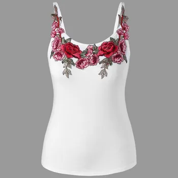 Mados pasėlių top marškinėliai moterų plius dydžio rožių siuvinėjimas, gėlių aplikacijos liemenė marškinėliai camisole seksualių moterų drabužius