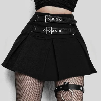 Gothic Black Trumpas Klostuotas Mini Y2k Goth Sijonai Moterų 2020 M. Punk PU Odos du kartus Sagtis paaukštintu liemeniu Harajuku Sekso Sijonas Moteris