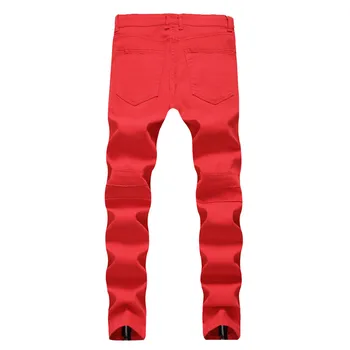 Mados Vyrų Džinsai Slim Fit Raudona Homme Džinsų Užtrauktukas Skristi Kelnes Motorinių Dviratininkas Džinsai Hip-Hop Kelnės Tiesios Streetwear
