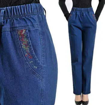 Plius dydis XL-5XL vidutinio amžiaus moterų aukšto juosmens džinsai atsitiktinis Slim didelio dydžio tiesiai džinsinio audinio kelnės s1286