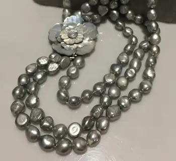 NAUJAS HandNEW 3rows rišti Rudens žiemos esminius 9-10mm Natūralios pilkos spalvos gėlavandenių perlų vėrinį 20inches