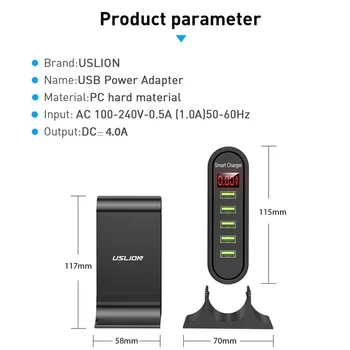 USLION USB Įkroviklis 5 Uoste, LED Ekranas, Multi USB Telefono Darbastalio ES MUS UK Kištukas Su Skaitmeniniu Ekranu Kelionės Sieninis Įkroviklis Adapteris
