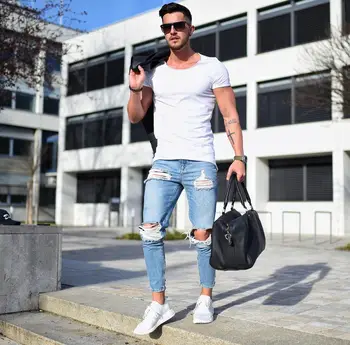 Naujas stilius Europos ir Amerikos vyrų liesas džinsus šviesos spalva skaldytų skylę pants mens kankina džinsai