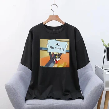 Gerai Būti Laimingas Spausdinti Marškinėliai Moterims 90-ŲJŲ Harajuku Ullzang Mados T-Shirt Animacinių filmų Marškinėlius korėjos Stiliaus Viršaus Tees Moteris
