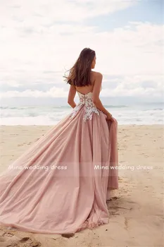Stebėjimo Dramblio kaulo Nėrinių Aplikacijos Pink-line Paplūdimys Vestuvių Suknelė Figūrą Romantika Tiulio Nuotakos Suknelė Chalatas De Mariage