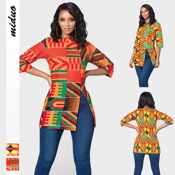 Afrikoje Marškinėliai Suknelė Moteris Vaškas Geometrijos Spausdinti Gatvės Slipt Vasaros Afrikos Viršūnių Office Lady Afrikos heidi bazin Dashiki Drabužiai