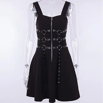 Gotikos Mergina Spageti Dirželis Punk Dress Harajuku Moterys Vasarą Juoda Sagtis Šalis Suknelės Goth Streetwear Vestidos Harajuko