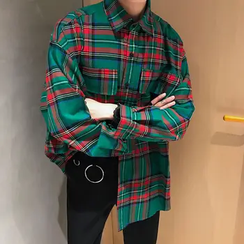 Korėjos Pledas Marškiniai vyriški Mados Kontrasto Spalvų Šviesą Medvilnės Atsitiktinis Marškinėliai Vyrams Streetwear Laukinių Prarasti Long Sleeve Shirt Mens M-2XL