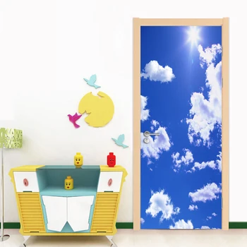 3D Durys, Tapetai, Freskos Vandeniui PVC lipnios Sienos Lipdukas Mėlynas Dangus Ir Balti Debesys 3D Miegamojo Durų Lipdukai Namų Dekoro