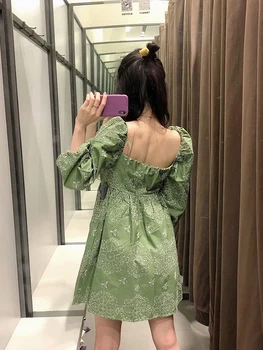 2020 Moterys Vasarą Seksualus Tuščiaviduriai Siuvinėjimo Mini Suknelė Vintage Žalia Sluoksniuotos Rankovėmis Kietas-Line Elegantiškas Šalis Suknelės Ponios Vestidos