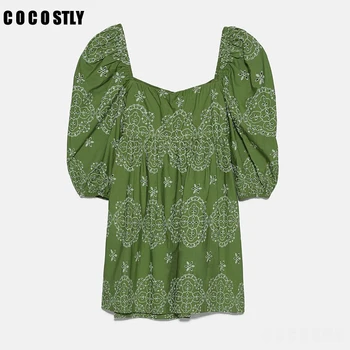 2020 Moterys Vasarą Seksualus Tuščiaviduriai Siuvinėjimo Mini Suknelė Vintage Žalia Sluoksniuotos Rankovėmis Kietas-Line Elegantiškas Šalis Suknelės Ponios Vestidos