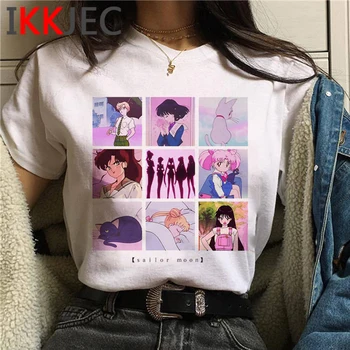 Kawaii Sailor Moon Harajuku T-shirt Moterims, Mielas Usagi Katė Anime T Shirt Grafikos Ullzang Marškinėlius Atsitiktinis Streerwear Viršuje Tees Moteris
