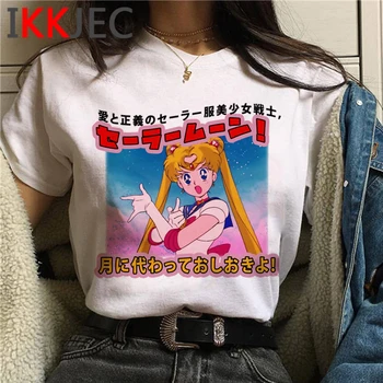 Kawaii Sailor Moon Harajuku T-shirt Moterims, Mielas Usagi Katė Anime T Shirt Grafikos Ullzang Marškinėlius Atsitiktinis Streerwear Viršuje Tees Moteris