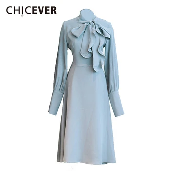 CHICEVER Elegantiškas Šifono Suknelė Moterims Bowknot Apykakle ilgomis Rankovėmis Aukštos Juosmens Suknelės Moterų Pavasario Mados Naują Drabužių 2020 m.