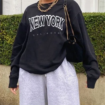 Niujorko Letter Spausdinimo Juoda Crewneck Moterų Palaidinukė ilgomis Rankovėmis Plius Dydis Mados Streetwear JAV prancūzų Stiliaus Rudenį 2020 M. Moteris