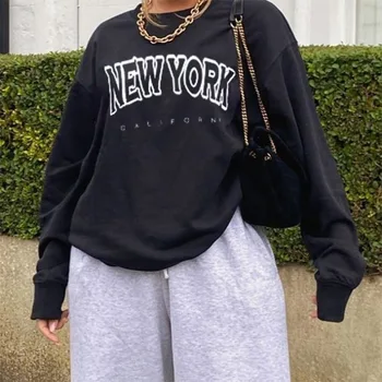 Niujorko Letter Spausdinimo Juoda Crewneck Moterų Palaidinukė ilgomis Rankovėmis Plius Dydis Mados Streetwear JAV prancūzų Stiliaus Rudenį 2020 M. Moteris