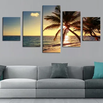 5 gabalas HD spausdinti Tapybos Sunset Beach Kokoso Medžio Marina Tapybos Drobės Namų Dekoro Plakatai ir Spausdina Šiuolaikinės Dekoratyvinės