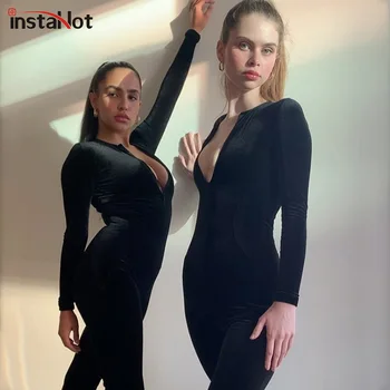 InstaHot užtrauktukas iki visiško rankovės jumpsuit moterų aksomo seksualus šalies klubas rudens rompers 2020 liesas fitneso streetwear kūno apranga