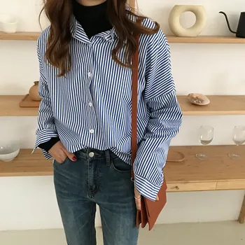 Korėjos versija ins dryžuotas marškinėliai atsitiktinis palaidų mados laukinių Harajuku ilgomis rankovėmis, žemiausią marškinėliai temperamentas pavasario moterų