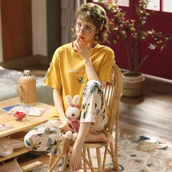 Medvilnės, trumpomis Rankovėmis Blauzdos Ilgio Kelnės Pajama Komplektai Moterų 2020 M. Vasarą Mielas Spausdinti Sleepwear Pižamos Homewear Namų Drabužiai