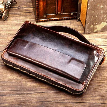 Natūralios Odos vyras sankabos maišą pinigų maišas, retro odos vyrai kortelės turėtojas piniginės verslo užtrauktuku piniginės monetų piniginė mobiliajame telefone krepšys