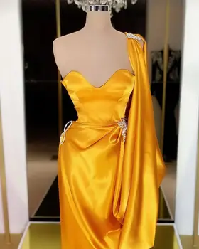 Aukso Prom Dresses Seksualus Brangioji Rankovių Valymo Traukinio Undinė Satino Vakarą Dresse Vieną Petį, vestidos de fiesta de noche