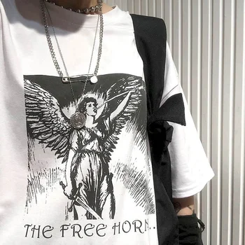 Trumparankoviai marškinėliai vyrams ir moterims kryžiaus raidžių retro tamsiai laisvi, laisvi palaidinė vasaros korėjos studentų palaidinė mėgėjams punk stiliaus