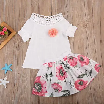 Bamblys Vaikams, Kūdikių Mergaitės 3D Gėlių T-shirt Viršūnes + Gėlių Sijonas, Suknelė Vasaros Komplektus Drabužių 2VNT Komplektas