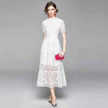 2020 metų Vasaros Moterims Aukštos Kokybės Elegantiškas Plonas Hollow-Out-line Nėrinių Midi Suknelė autoportretas suknelė vestidos žalia balta rausva