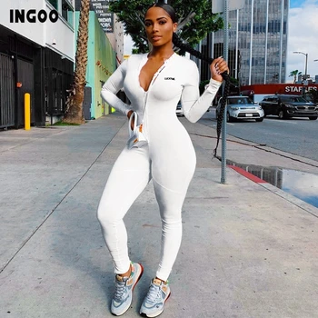 INGOO Streetwear Balta Juoda Bodycon Jumpsuit Moterims Seksualus Chalatas 2020 ilgomis Rankovėmis Zip-Up Liesas Rompers Kietas Moterų Jumpsuit