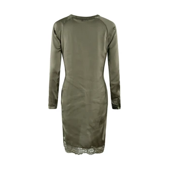 Armijos Žalioji V Kaklo Nėrinių Apdaila Shift Suknelė Moterims ilgomis Rankovėmis Netikras Šilkas Mygtuką Mini Suknelė TA02800126