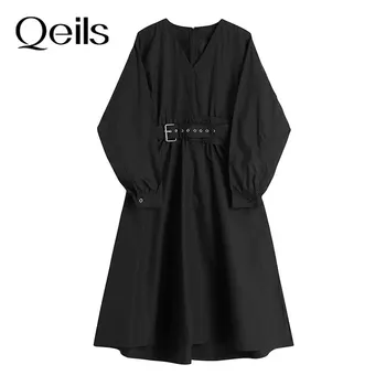 Qeils Gotikos Stiliaus Juoda Moterų Rudenį Japonijos Harajuku Ilgomis Rankovėmis Su Diržu Streetwear Cosplay Derliaus Goth Medvilnės Suknelė